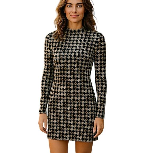 Lulus Cool Girl Status Mini Dress Medium Black Print Mock Neck Long Sleeve - Picture 1 of 13